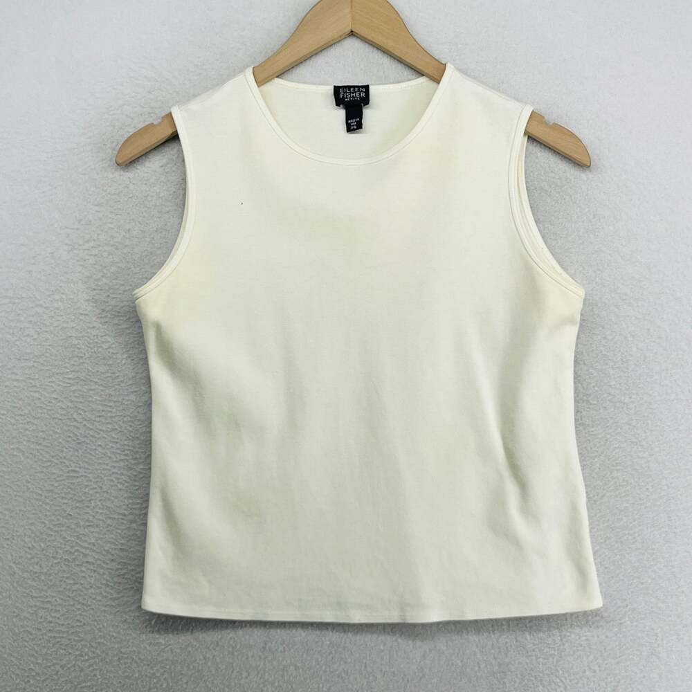 EILEEN FISHER Tank Top PS Petite Cotton Interlock Jersey Crewneck Off White USA